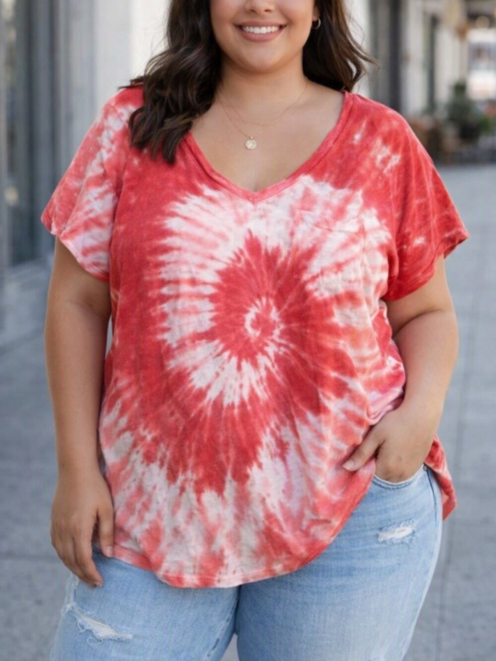 Torrid Red White Retro Tie Dye V-Neck Pocket Tee T-Shirt Top 2X Boho Festival